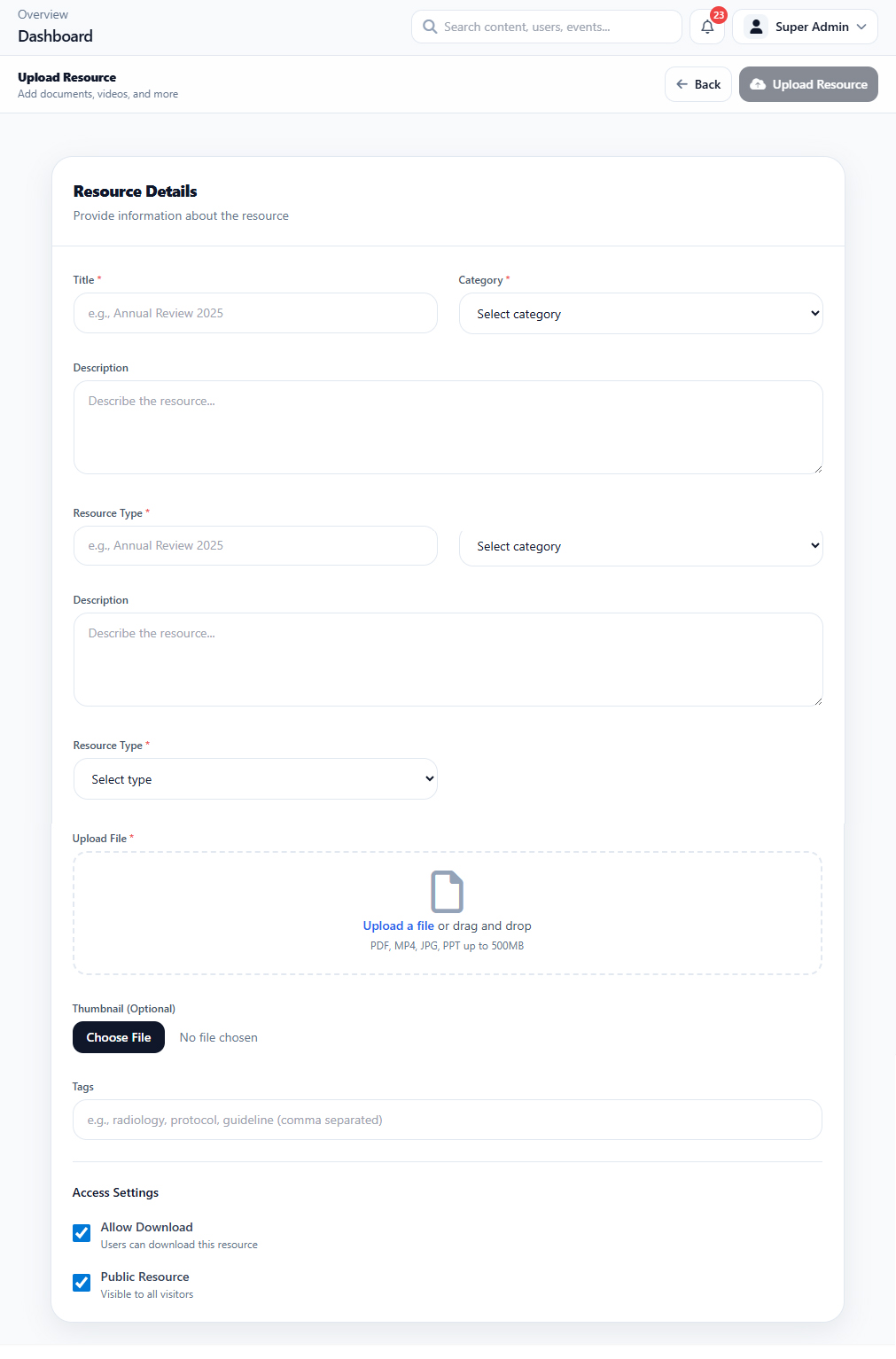 Resource Library Upload Resource interface